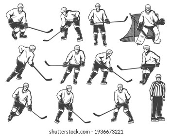 Eishockey-Spieler-Symbol, Sportteam auf Eisbahn Arena spielen, Vektorsymbole. Eishockey-Mannschaftsspieler Torwart, Schiedsrichter und Vorher, Ingwer und Verteidiger mit Puck und Stick an Tore Tore