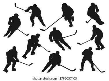 Eishockey-Spieler Silhouetten, Sport-Team Vektorsymbole spielen auf der Eisbahn Arena. Eishockey-Mannschaftsspieler Torhüter, Vorher, Ingwer, Schiedsrichter und Verteidiger mit Puck und Stock an Tore Tore