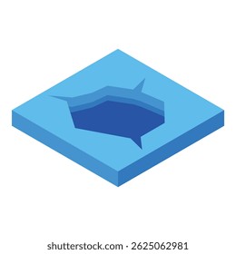 Ice hole breaking thin surface revealing deep blue water below in isometric icon style