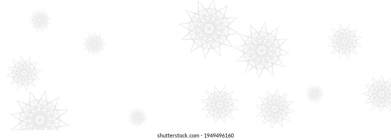 Ice Holiday Horizontal Santa Mandala Design Pic. Snowflakes Winter Frost Ornamental Composition. White Grey Monochrome Christmas Snow Ornament. Chaotic Print Stars New Year Silver Sky Wallpaper.