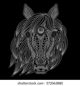 Ice Horse. Pale-faced horse. Engraving, embossing patterned horse's head. Vector. Horse with tribal patterns drawn by hand. Head of a horse with a mane of gray with a stroke on a black background.