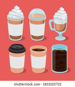 diseño del conjunto de tazas de hielo y café caliente cafeína de bebida desayuno y bebida tema Vector ilustración