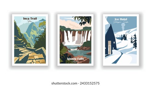 Ice Hotel, Jukkasjärvi, Suecia. Cataratas del Iguazú, Argentina. Camino Inca, Perú - Set de 3 Carteles de Viajes Vintage. Ilustración vectorial. Impresiones de alta calidad