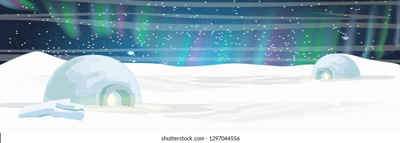 Ice house igloo. Settlement Eskimos. Far North. Northern lights over the snow-covered plain. Night starry sky. Realistic vector landscape