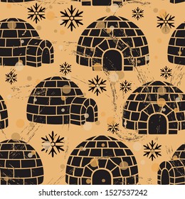 Ice house igloo vector seamless pattern in old retro style. House from ice blocks design. Winter dwelling of Eskimos, repeated vintage pattern. Grunge print in northern style. Craft paper imitation.