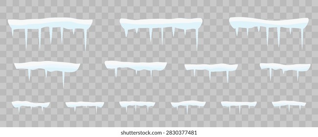 Ice icicles hanging in rows on transparent background.