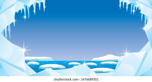 Eis mit Rädern und Schnee auf blauem Hintergrund.