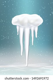 Ice icicles with snow on a blue background, weather icon, winter background with snowdrifts.