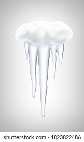 Ice icicles with snow on grey background, weather icon.
