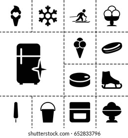 Ice icon. set of 13 filled iceicons such as cream, clean fridge, ice cream on stick, bucket, snowflake, skiing