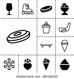 Ice icon. set of 13 filled and outline ice icons such as cocktail, milkshake, heart frozen, snowflake, hockey stick and puck, skate rollers, hockey puck