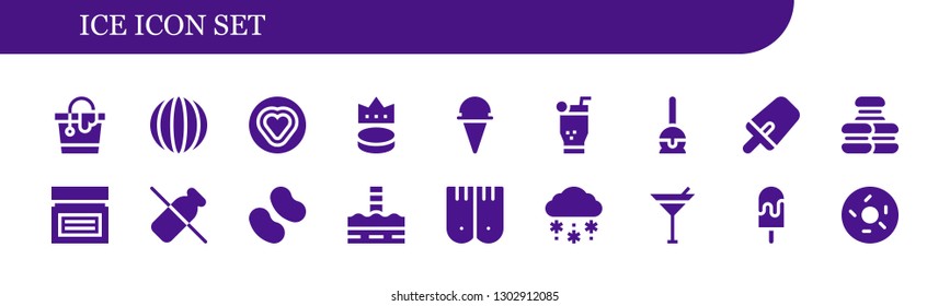  ice icon set. 18 filled ice icons.  Simple modern icons about  - Bucket, Candy, Puck, Ice cream, Mojito, Cake pop, Popsicle, Macaron, Cream, Dairy, North pole, Flippers, Snow