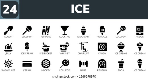 ice icon set. 24 filled ice icons.  Simple modern icons about  - Scoop, Lollipop, Flippers, Cocktail, Ice cream, Popsicle, Fridge, Jelly, bucket, Whiskey, Chairlift, Candy