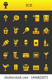 ice icon set. 26 filled ice icons.  Collection Of - Ice cream, Brandy, Lollipop, Fridge, Tequila, Soda, Cocktail, Bar, Iceberg, Vodka, Cream, Puck, Martini, Popsicle, Bucket, Whiskey