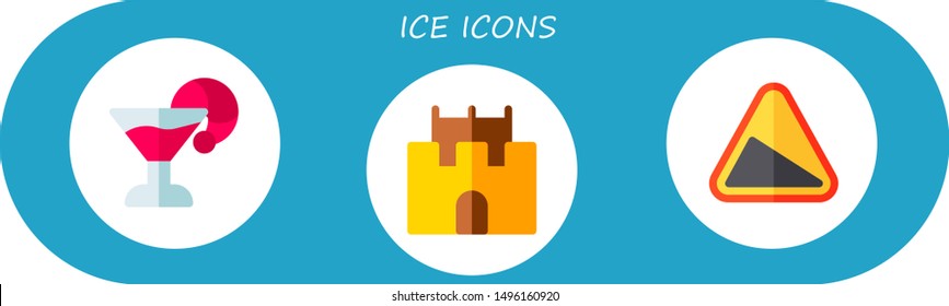 ice icon set. 3 flat ice icons.  Collection Of - Cocktail, sand castle, slope