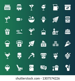 ice icon set. Collection of 36 filled ice icons included Lemonade, Bucket, Puck, Fridge, Hockey, Ice cream, axe, Popsicle, Cocktail, Macarons, Cream, Freezer, Jelly, Chairlift