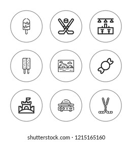 Ice icon set. collection of 9 outline ice icons with bar, candy, ice cream, hockey, igloo icons. editable icons.