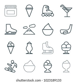 Ice icons. set of 16 editable outline ice icons such as cocktail, mountain, milkshake, snowboard, hockey stick and puck, skate rollers