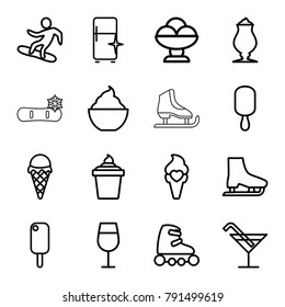 Ice icons. set of 16 editable outline ice icons such as cocktail, clean fridge, milkshake, snowboard, skate rollers