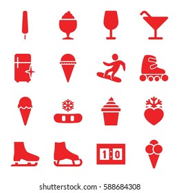 ice icons set. Set of 16 ice filled icons such as Cocktail, clean fridge, milkshake, heart frozen, snowboard, sport score, skate rollers