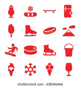 Ice icons set. set of 16 ice filled icons such as cocktail, clean fridge, milkshake, bucket, snowflake, snowboard, hockey puck, mountain