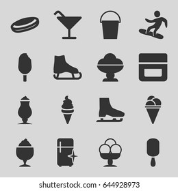 Ice icons set. set of 16 ice filled icons such as cream, cocktail, clean fridge, milkshake, bucket, snowboard