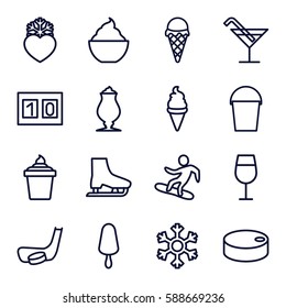 ice icons set. Set of 16 ice outline icons such as Cocktail, milkshake, bucket, heart frozen, snowflake, snowboard, sport score, hockey puck