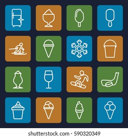 ice icons set. Set of 16 ice outline icons such as Cocktail, clean fridge, milkshake, bucket, snowflake, skiing, snowboard