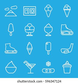 ice icons set. Set of 16 ice outline icons such as Cocktail, milkshake, sport score, hockey stick and puck, mountain