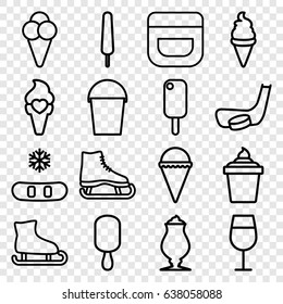 Ice icons set. set of 16 ice outline icons such as cream, cocktail, milkshake, bucket, hockey stick and puck