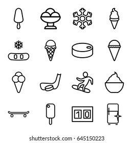 Ice icons set. set of 16 ice outline icons such as clean fridge, milkshake, snowflake, snowboard, sport score, hockey puck, hockey stick and puck