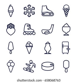 Ice icons set. set of 16 ice outline icons such as clean fridge, milkshake, heart frozen, snowflake, snowboard, hockey puck, hockey stick and puck
