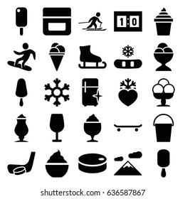 Ice icons set. set of 25 ice filled icons such as cream, cocktail, clean fridge, milkshake, bucket, heart frozen, snowflake, skiing, snowboard, sport score, hockey puck