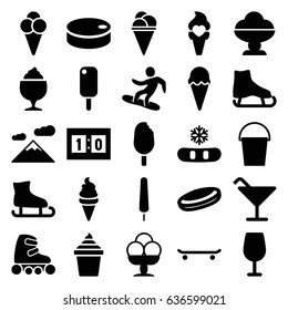 Ice icons set. set of 25 ice filled icons such as cocktail, milkshake, bucket, snowboard, sport score, hockey puck, skate rollers, snowflake, mountain