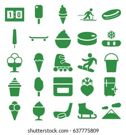 Ice icons set. set of 25 ice filled icons such as cream, clean fridge, milkshake, bucket, heart frozen, skiing, snowboard, sport score, hockey puck, hockey stick and puck