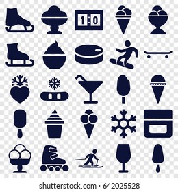 Ice icons set. set of 25 ice filled icons such as cream, cocktail, milkshake, heart frozen, snowflake, skiing, snowboard, sport score, hockey puck, skate rollers