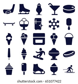 Ice icons set. set of 25 ice filled icons such as cream, cocktail, clean fridge, milkshake, bucket, snowflake, skiing, snowboard, hockey puck, hockey stick and puck