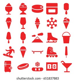 Ice icons set. set of 25 ice filled icons such as cream, cocktail, clean fridge, milkshake, bucket, snowflake, snowboard, sport score, hockey puck, skate rollers, mountain