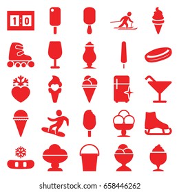Ice icons set. set of 25 ice filled icons such as cocktail, clean fridge, milkshake, bucket, heart frozen, skiing, snowboard, sport score, skate rollers, snowflake
