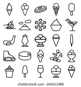 Ice icons set. set of 25 ice outline icons such as cocktail, milkshake, snowflake, skiing, snowboard, hockey puck, hockey stick and puck