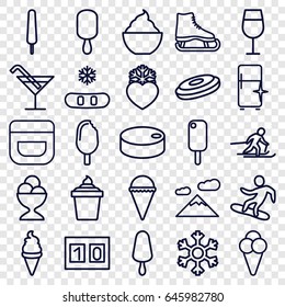 Ice icons set. set of 25 ice outline icons such as cream, cocktail, clean fridge, milkshake, heart frozen, snowflake, skiing, snowboard, sport score, hockey puck
