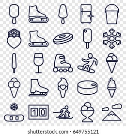 Ice icons set. set of 25 ice outline icons such as cocktail, clean fridge, bucket, heart frozen, snowflake, skiing, snowboard, sport score, hockey puck, skate rollers