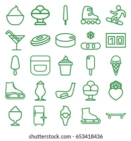 Ice icons set. set of 25 ice outline icons such as cream, cocktail, clean fridge, milkshake, heart frozen, snowboard, sport score, hockey puck, hockey stick and puck