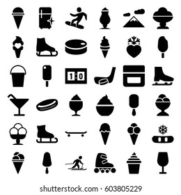 Ice icons set. set of 36 ice filled icons such as cream, Cocktail, clean fridge, milkshake, bucket, heart frozen, skiing, snowboard, sport score, hockey puck
