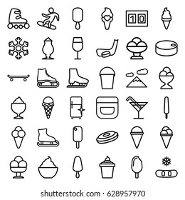 Ice icons set. set of 36 ice outline icons such as cream, Cocktail, clean fridge, milkshake, bucket, snowflake, snowboard, sport score, hockey puck, hockey stick and puck