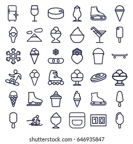 Ice icons set. set of 36 ice outline icons such as cream, cocktail, clean fridge, milkshake, bucket, heart frozen, snowflake, skiing, snowboard, sport score, hockey puck