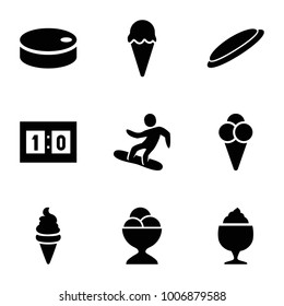 Ice icons. set of 9 editable filled ice icons such as milkshake, snowboard, sport score