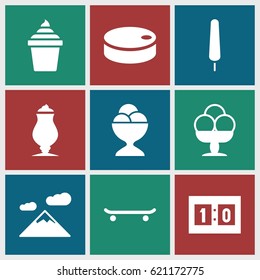 Ice icons set. set of 9 ice filled icons such as milkshake, sport score, hockey puck, mountain