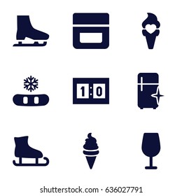 Ice icons set. set of 9 ice filled icons such as cream, cocktail, clean fridge, sport score
