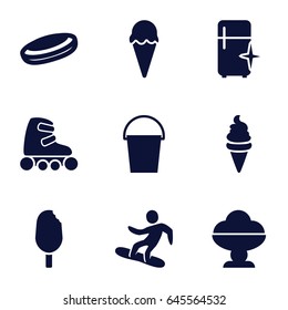 Ice icons set. set of 9 ice filled icons such as clean fridge, ice cream, bucket, snowboard, skate rollers